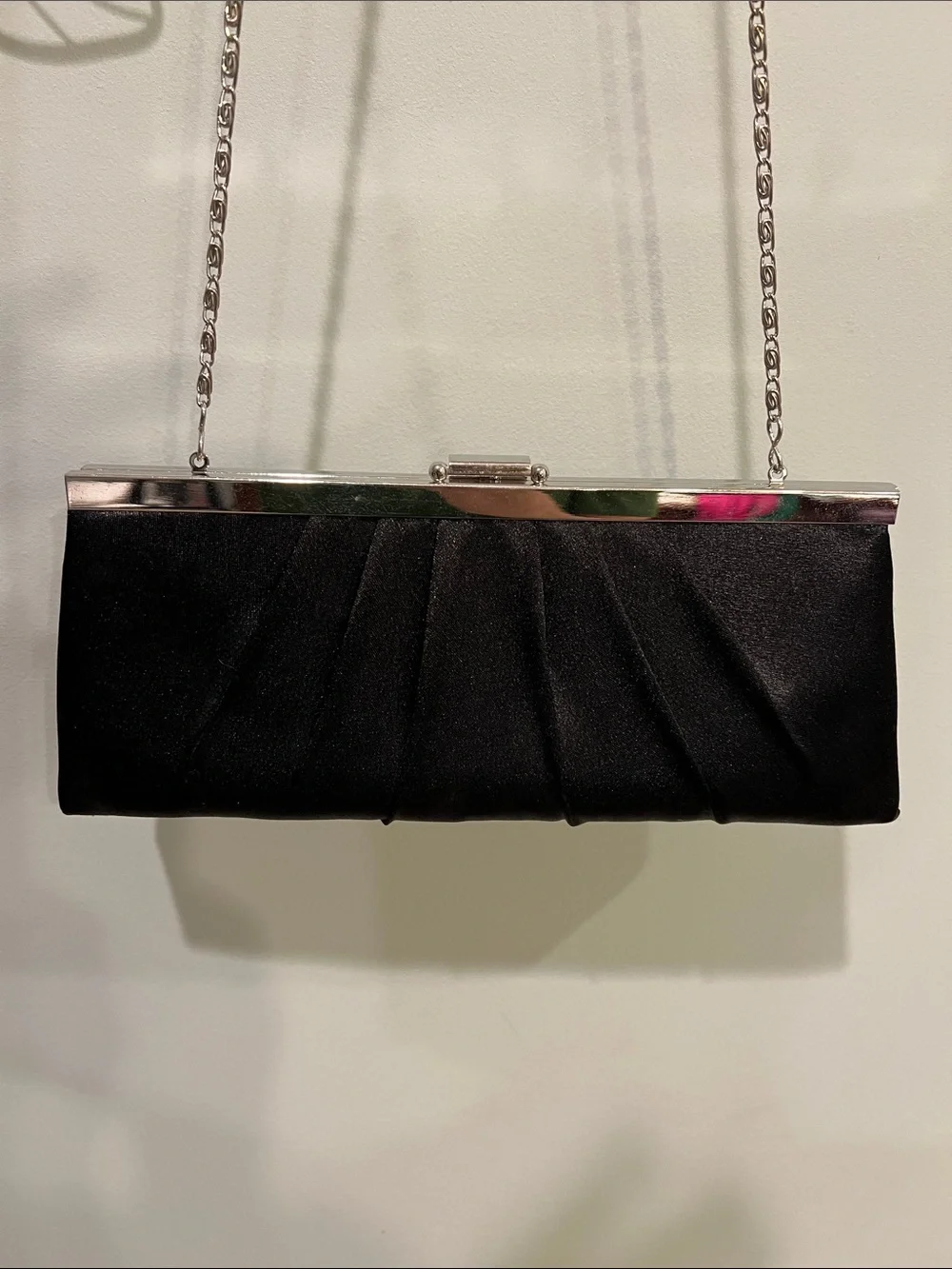Black Satin Pleated Evening Clutch with Silver Chain